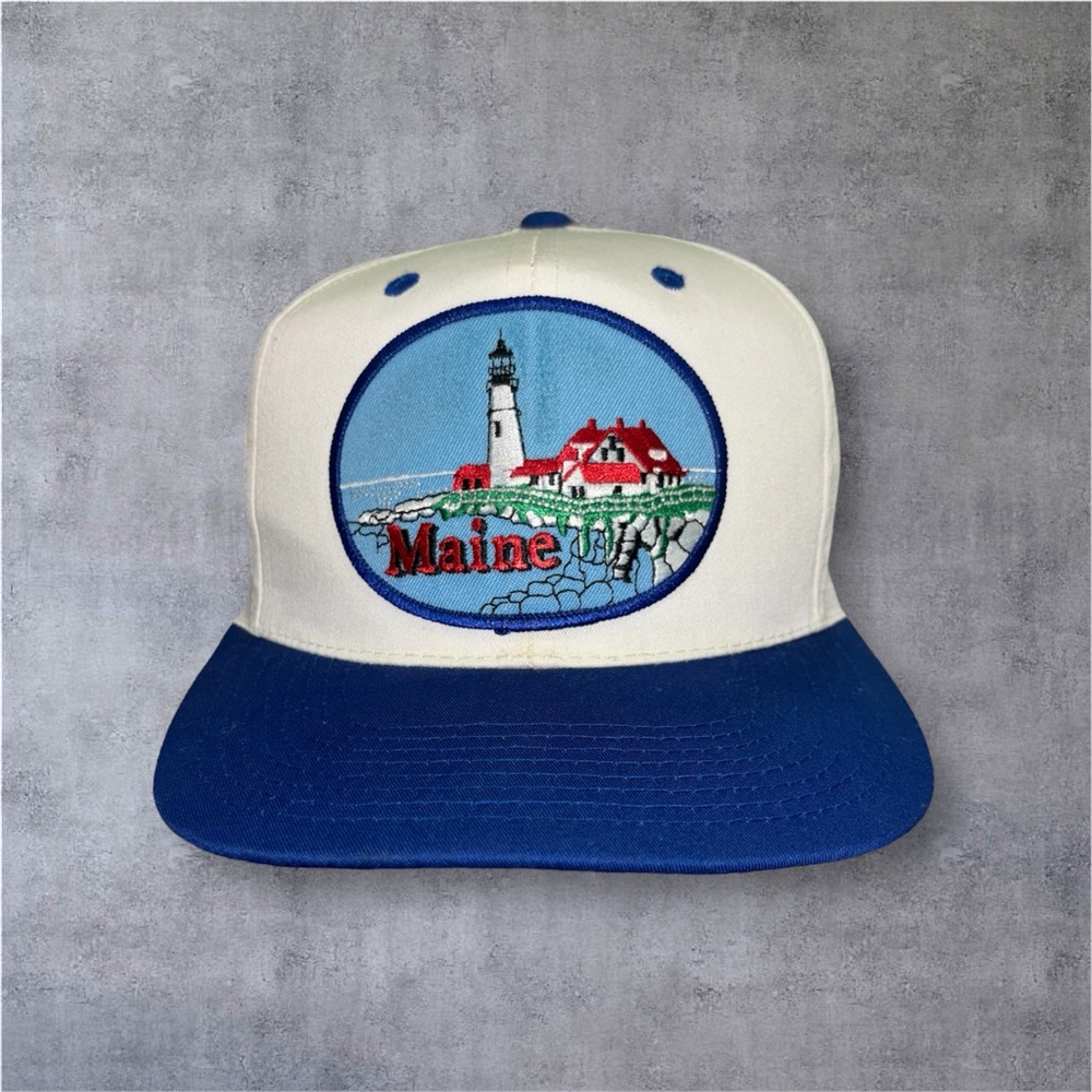 Maine State Vintage Lighthouse Hat White Blue Snapback